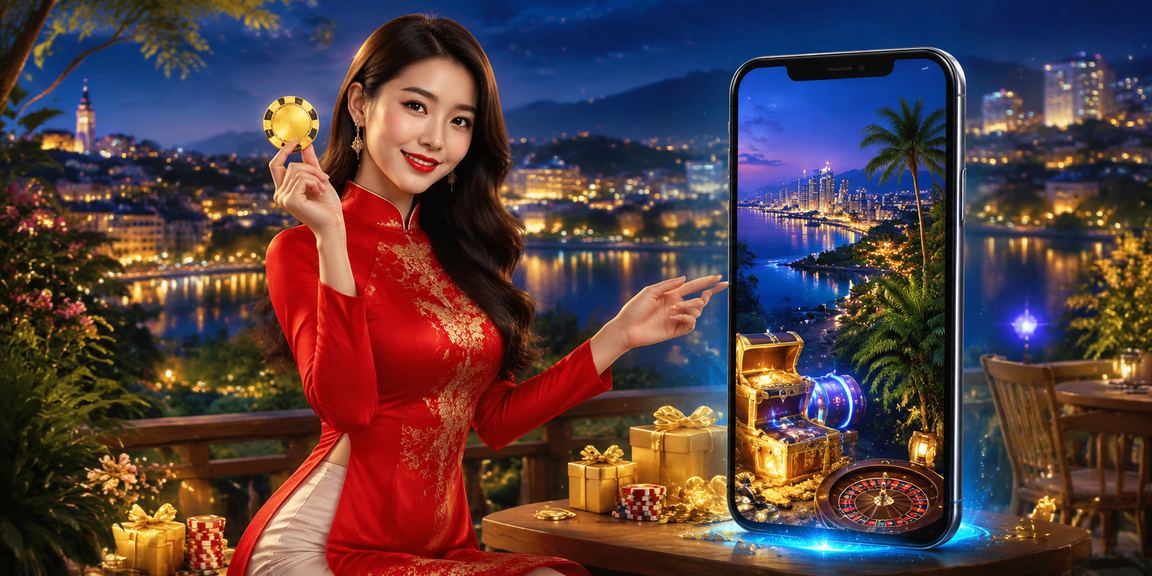 Phụ nữ mặc áo dài tại Đà Lạt sử dụng ứng dụng mobile casino và xem thông tin tiền thưởng