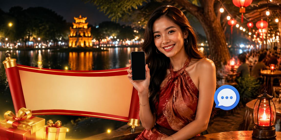 Người dùng Hà Nội kiểm tra khuyến mãi casino trên điện thoại tại chợ đêm buổi tối